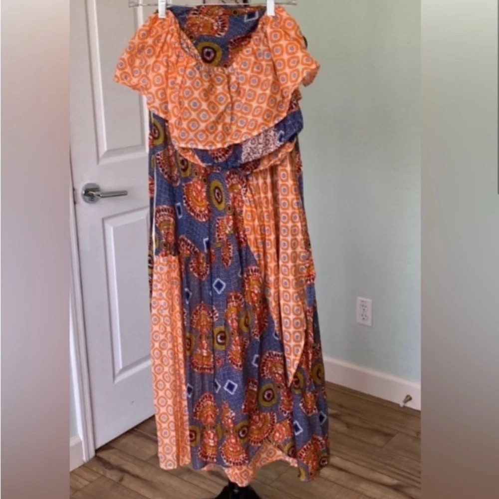 Blue and Orange Maxi Wrap Skirt set with matching Cropped Blouse